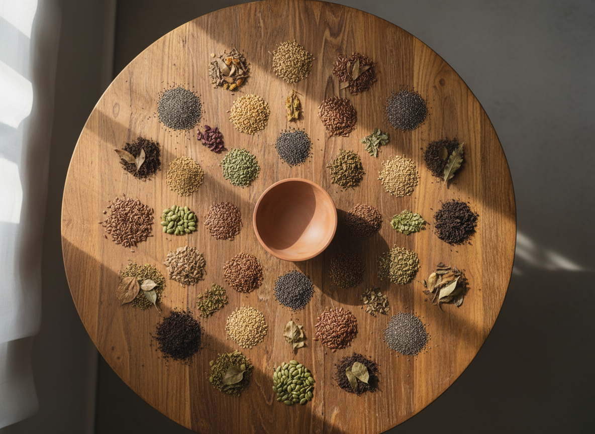 A sophisticated, photographic overhead scene of a wooden table made from reclaimed, textured timber, its grain rich with warm browns and golden highlights. On the table, small mounds of different seeds, dried leaves, and soil samples are arranged in neat, circular clusters radiating outward, subtly forming a larger mandala reminiscent of Islamic geometric designs without any explicit symbols. In the center, a simple, empty clay bowl with an earthy matte finish anchors the composition. Soft, directional window light from the left creates gentle shadows that emphasize the textures of seeds and wood, while the background remains clean and uncluttered. The mood is analytical yet spiritual, suggesting environmental education and stewardship as an act of faith. The image is captured with sharp focus throughout, using a balanced, top-down composition ideal for a header or infographic background.