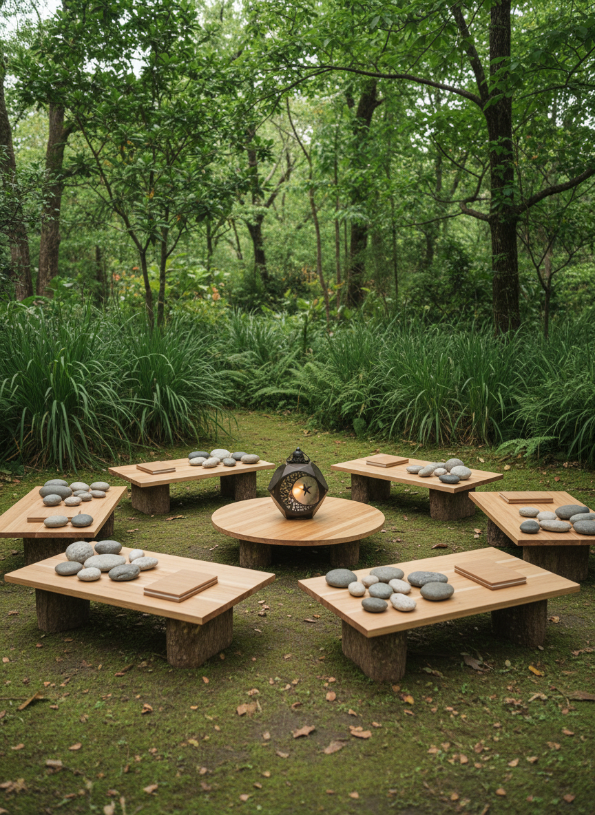 An open, minimalist outdoor learning space in a lush garden clearing, photographed in crisp, natural detail. Flat wooden platforms arranged in a semicircle rest on short, cut tree-stump bases, each platform holding smooth river stones and simple, blank wooden tablets that suggest study materials without any written text. At the center, a slightly raised platform features a lantern with an abstract crescent-and-star cutout, unlit but catching the light to cast a faint symbolic shadow on the wood. Surrounding trees and tall grasses create a green, embracing backdrop. Soft, bright overcast daylight bathes the scene evenly, avoiding harsh contrasts and highlighting organic textures. Shot from a slightly elevated, wide-angle perspective, the composition emphasizes community and learning without showing people. The mood is welcoming, thoughtful, and sophisticated, evoking an inclusive Islamic nature-education circle.