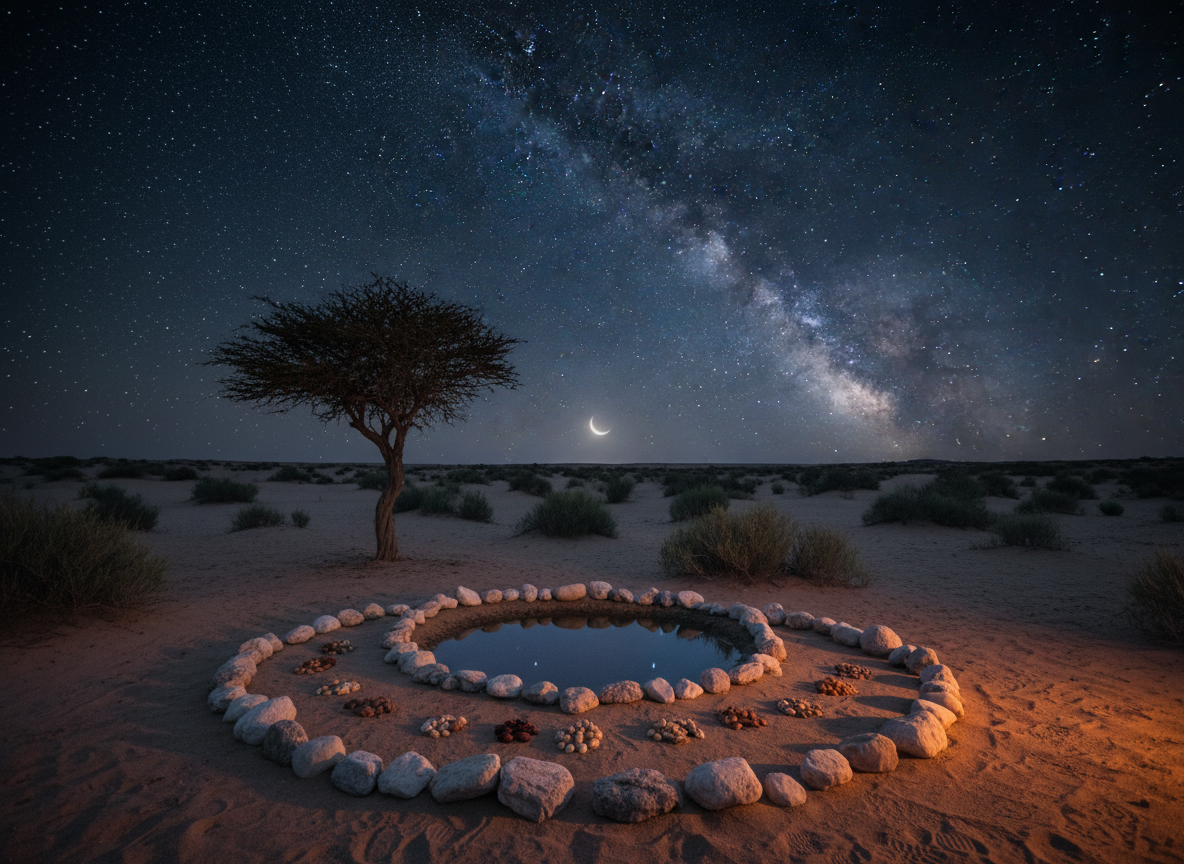 A night-time photographic scene of a quiet desert-like landscape where low, hardy shrubs and a lone, twisted tree stand rooted in sandy soil under a vast, star-filled sky. The Milky Way arches overhead in a clear band of light, and a subtle crescent moon hangs low near the horizon, reflected faintly in a small, still oasis pool in the foreground. Around the pool, stones form an organic circle, with a few delicately placed dates and nuts suggesting a simple, humble meal without any tableware. Soft starlight and moonlight bathe the scene in cool bluish tones, while a warm, unseen lantern casts a gentle amber glow on the immediate foreground, creating a contemplative contrast. Captured with a wide-angle lens and long exposure, the composition emphasizes awe, spiritual reflection, and the timeless connection between Islam, simplicity, and nature.