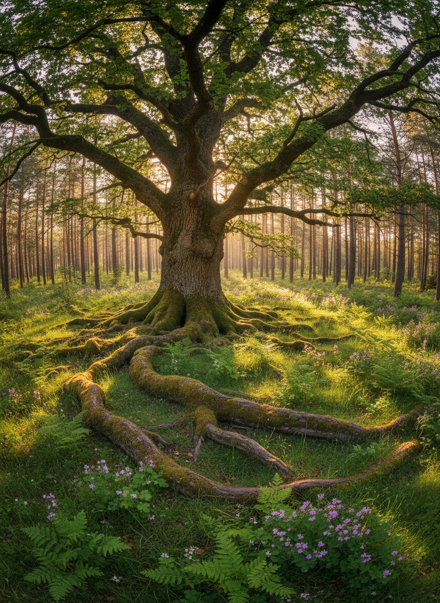 Uralter, moosbedeckter Baum mit weit verzweigten Wurzeln in einer Lichtung im goldenen Abendlicht